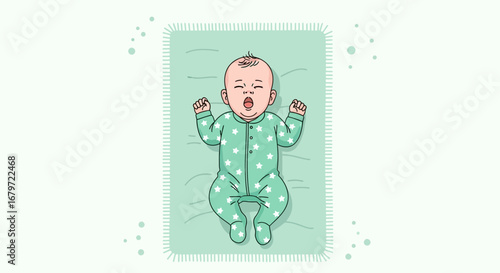 Cute baby yawning after a nap in a whimsical illustration on a green blanket
