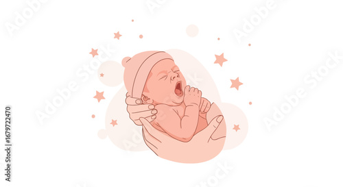 Cute baby yawning after being born and held in the hands, vector illustration
