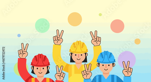 Construction workers group celebrating with peace signs representing teamwork and project success