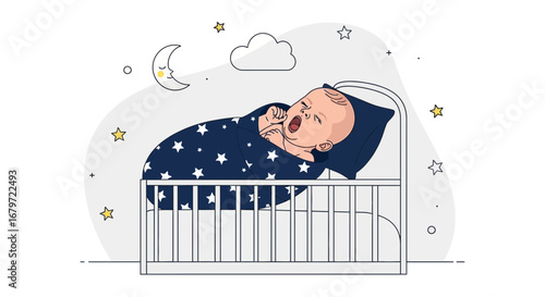 Cute baby yawning in a crib with a blanket with stars and the moon and stars