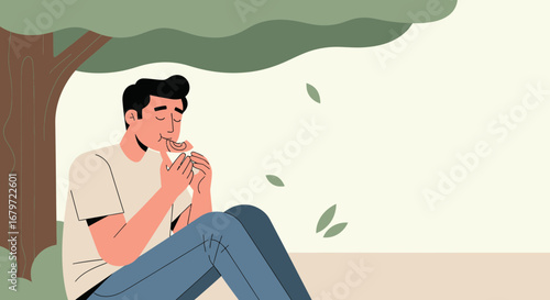 Contented Man Relishing a Snack Underneath a Tree in a Tranquil Outdoor Setting