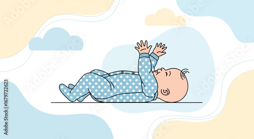 Cute cartoon baby in a polka dot onesie lying down and playing with hands happily