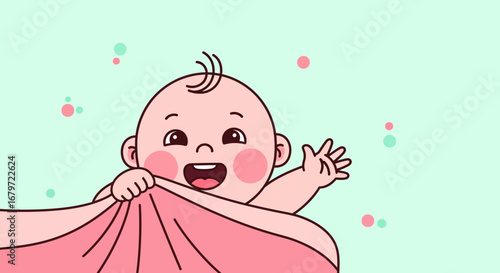 Cute cartoon baby illustration waving his hand and holding a blanket, happy child