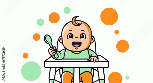 Cute cartoon baby in highchair about to eat from spoon with cheerful expression