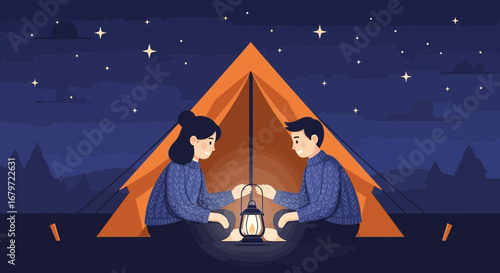 Couple camping under the stars in a tent with vintage lantern illustration