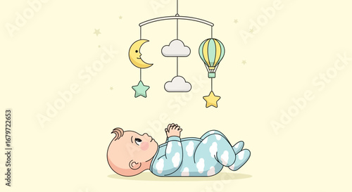 Cute cartoon baby lying down looking at a baby mobile with stars moon and clouds