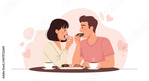 Couple Eating donuts and Drinking coffee, Romantic Date, Love and Sweet food concept