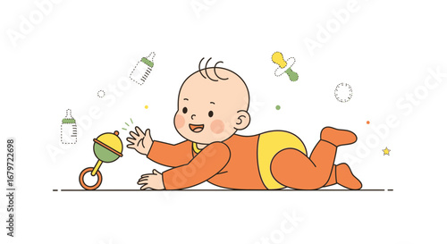 Cute Cartoon Baby Reaching for a Rattle and Smiling on a White Background