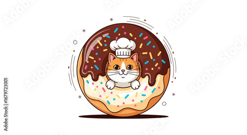 Cute Cartoon Cat Baker Inside Glazed Donut With Sprinkles Illustration Design