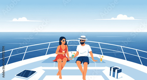 Couple enjoying drinks on a yacht with ocean view, summer vacation, travel concept