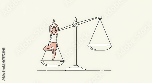 Conceptual Illustration of a Woman in a Yoga Tree Pose Balancing on a Scale Representing Work Life Balance and Wellness