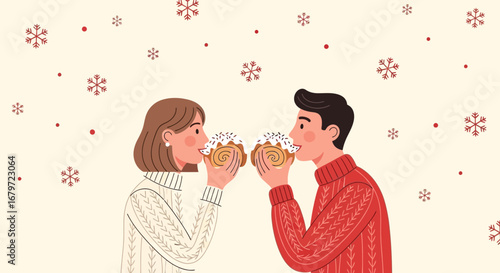 Couple Enjoying Sweet Pastries Whilst Snowflakes Gently Fall Around Them