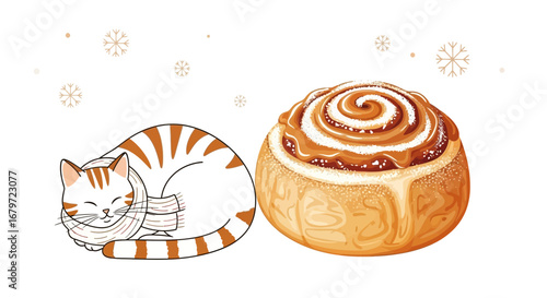 Cute cartoon cat wearing scarf next to cinnamon roll with snowflakes in illustration