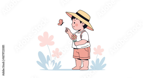Cute cartoon child with a hat interacting with a butterfly, in a fun sunny garden