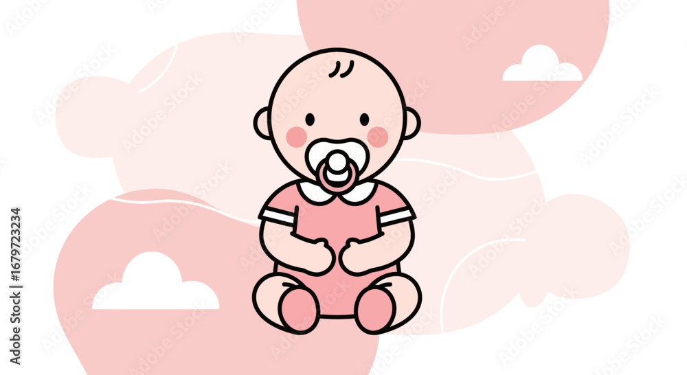 Cute cartoon illustration of a baby girl with a pacifier in a pink background Cute cartoon illustration of a baby girl with a pacifier in a pink background