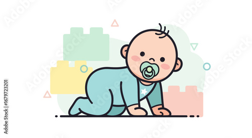 Cute cartoon illustration of a baby crawling on the floor with some toys