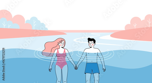 Couple Holding Hands and Relaxing Enjoying Swimming In The Calm and Peaceful Nature