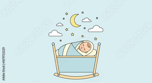 Cute cartoon illustration of a baby sleeping peacefully in a cradle under the stars