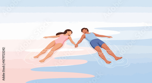 Couple Holding Hands Relaxing Gently Floating in Clear Waters and Enjoying Their Holiday