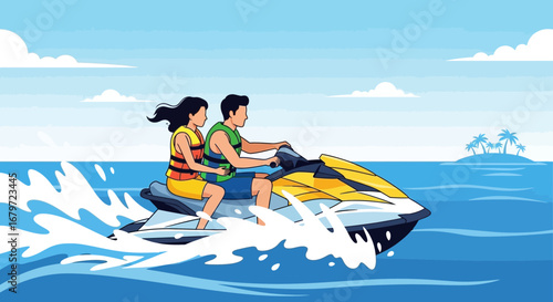 Couple Riding a Jet Ski Amidst the Lush Ocean Waters Illustrative Vibrant Artwork