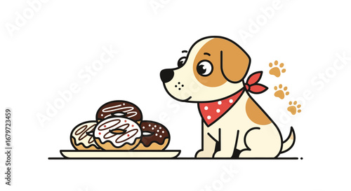 Cute cartoon of a dog gazing at a plate of donuts, sweet and adorable