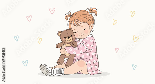 Cute cartoon of a little girl cuddling a teddy bear with hearts around, happy child