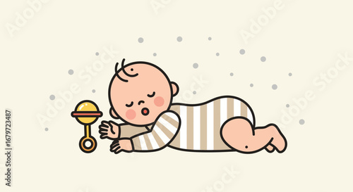 Cute cartoon of a sleeping baby with a rattle toy near his hand at the floor on beige background