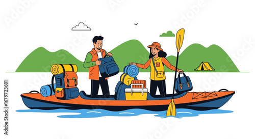 Couple with Camping Gear on Kayak Vector Illustration, Outdoor Adventure Concept