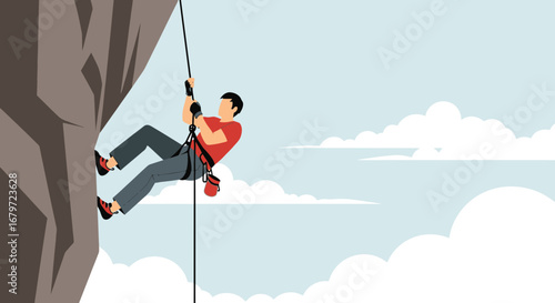 Courageous Climber Ascending A Rocky Cliff, Achieving A New Height With Skillful Navigation