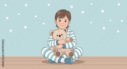 Cute Child in Pajamas Hugging Teddy Bear with Stars in Background