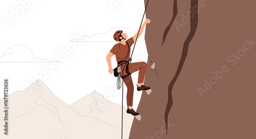 Courageous Climber Ascending Vertical Rock Face Achieving Physical And Mental Strength