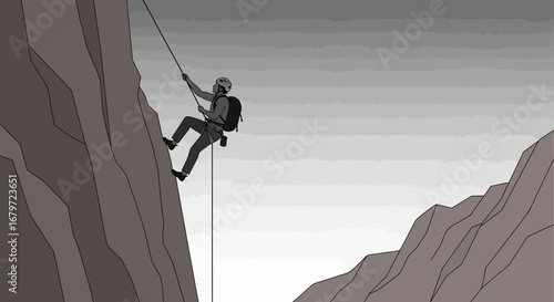 Courageous Climber Descending, Facing Challenging Terrain, Exploring Mountainous Regions