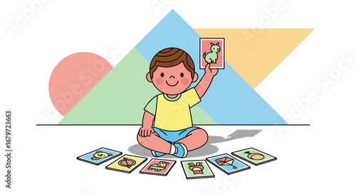 Cute child playing with cards, illustration of a playful kid with colorful cards