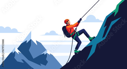 Courageous Climber Ascends Rocky Mountain Slope Using Safety Gear and Climbing Ropes