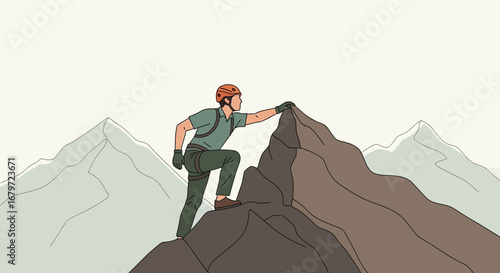 Courageous Climber Navigating Rocky Terrain Towards The Summit Achieving His Goal