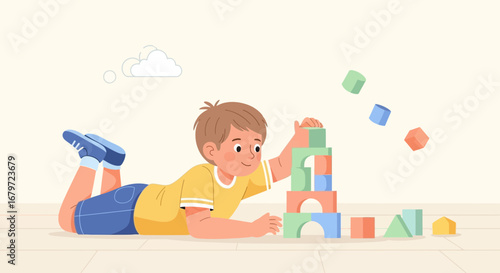 Cute Child Playing with Colorful Building Blocks, Building a Tower and Having Fun