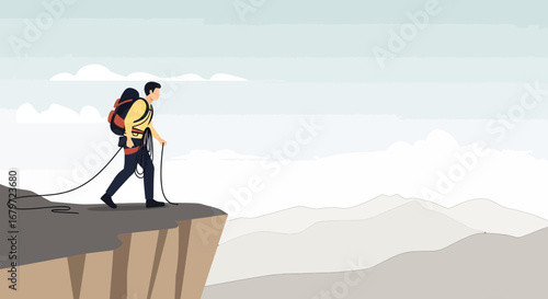 Courageous Climber Hiking Towards High Cliffs With A Backpack, Facing Challenges Ahead