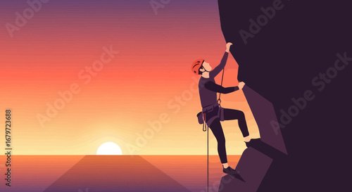 Courageous Climber Scaling a Mountain at Sunset: An Inspirational Vector Illustration