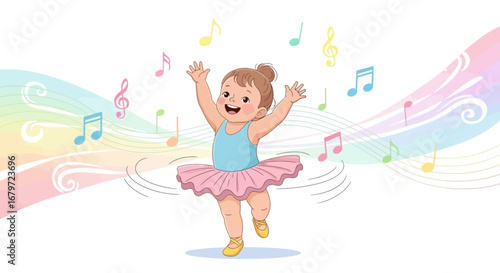 Cute dancing ballerina girl performing ballet with music notes illustration