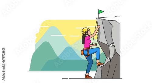 Courageous Woman Ascending A Mountain, Reaching The Goal, Achieving Success In Life
