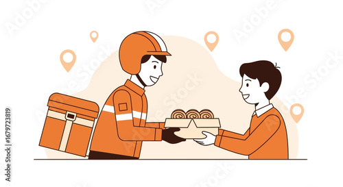 Courier Delivers Fresh Pastries To Customer, Food Delivery In Modern Style Illustration