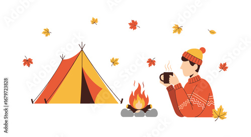 Cozy Autumn Camping Illustration: A Person Enjoying Coffee by a Campfire with Tent