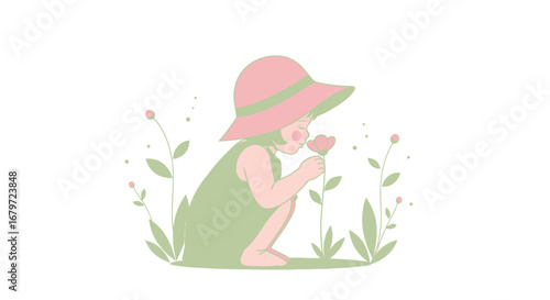 Cute girl smelling a flower in a garden with a pink hat enjoying nature