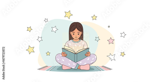 Cute girl reading a book while sitting on a carpet and surrounded by stars
