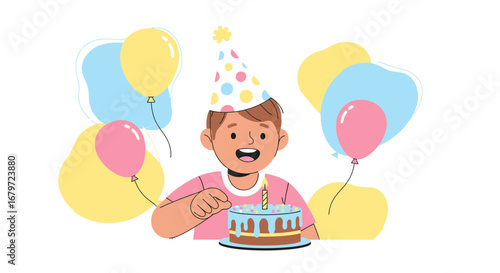 Cute illustration for a birthday party with a smiling child and birthday cake.