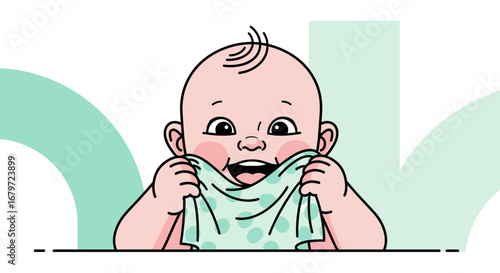 Cute Illustration of a Baby Chewing on a Cloth and Playing, Vector Art