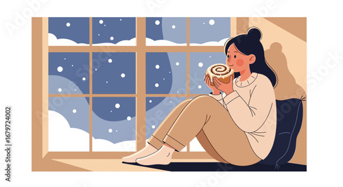 Cozy winter scene illustration woman enjoys a cinnamon roll looking out of the window