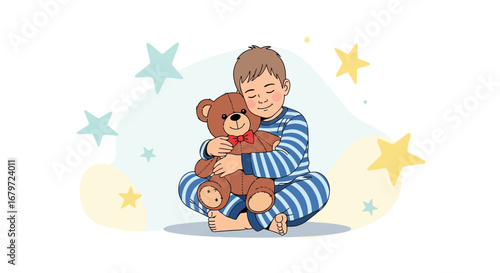 Cute illustration of a child hugging a teddy bear symbolizing comfort and bedtime