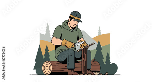 Craftsman Carving Wood Outdoors, Creating Artistic Pieces In Nature's Calmness