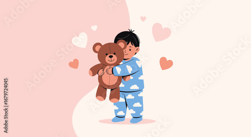 Cute illustration of a child hugging a teddy bear, symbolizing love and affection